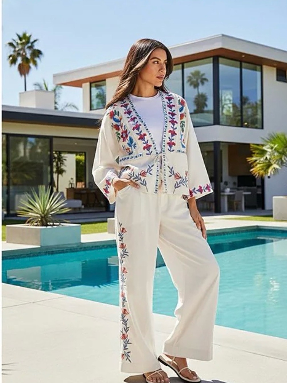 Johnny Was Wide-Leg Embroidered Linen Blend Pants - Cream. NWT XXL or 16.